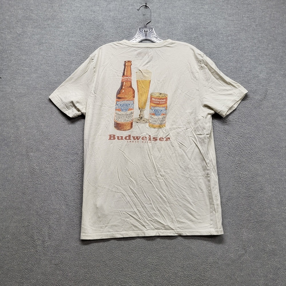 Lucky Brand Men Shirt L Beige Graphic Print Budweiser Beer Tee Logo
